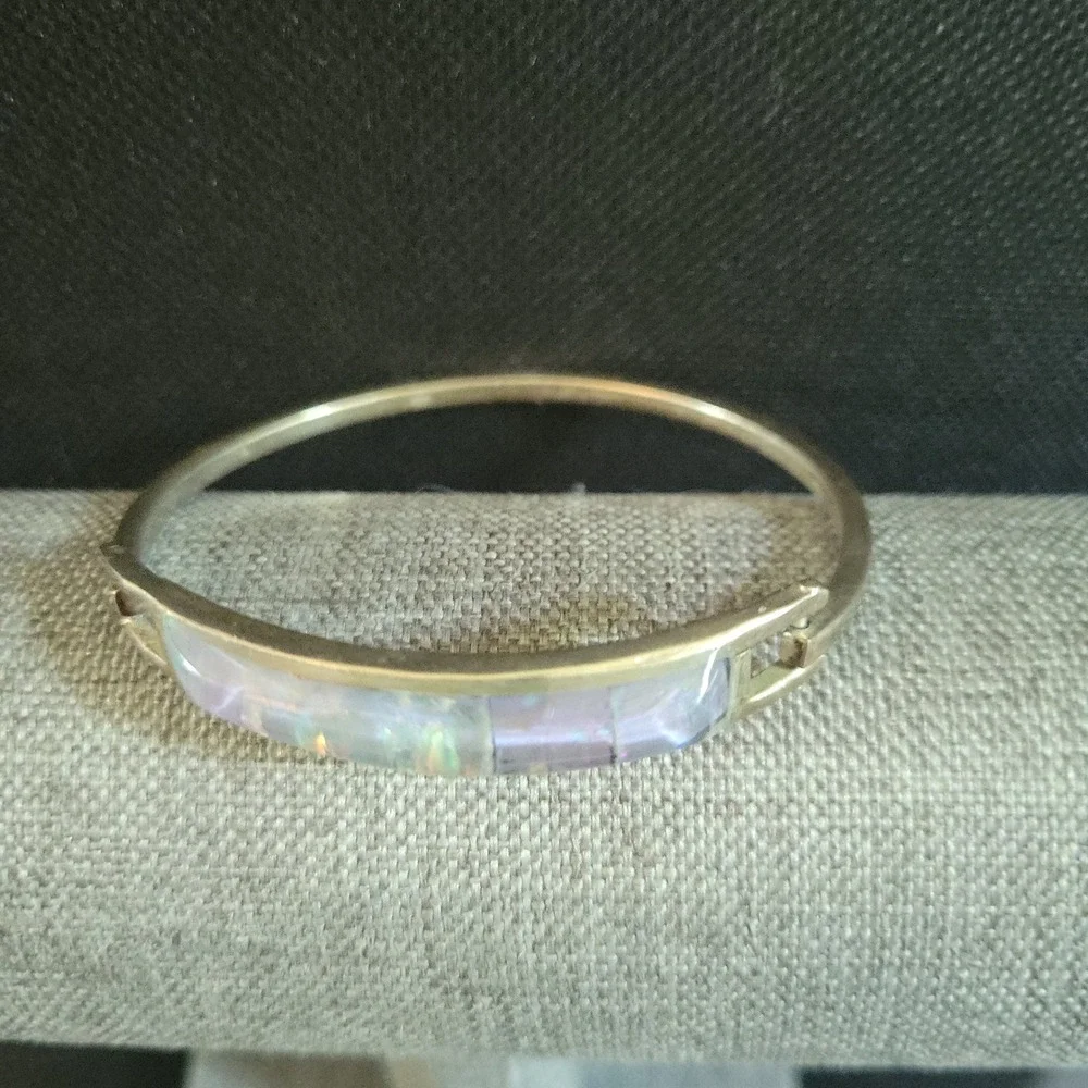 Vintage Alpaca Mexico Abalone Shell Inlay Bangle Bracelet Size 7 Cottagecore